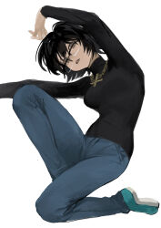 Rule 34 | 1girl, absurdres, aqua footwear, arm up, black hair, black sweater, breasts, brown eyes, commentary, cross, cross necklace, denim, empty eyes, flipped hair, glasses, head tilt, highres, hunter x hunter, inverted cross, jeans, jewelry, ke shi yinhe, leaning to the side, long sleeves, looking at viewer, medium breasts, necklace, on one knee, outstretched arm, pants, semi-rimless eyewear, shizuku murasaki, shoes, short hair, simple background, solo, sweater, turtleneck, turtleneck sweater, white background