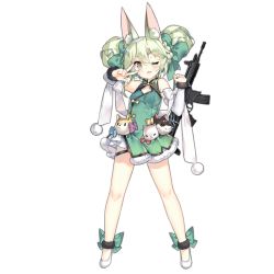 Rule 34 | 1girl, ;d, animal ear fluff, animal ears, ankleband, art556 (girls&#039; frontline), art556 (white cabbage) (girls&#039; frontline), bare legs, bare shoulders, blush, bow, brown eyes, china dress, chinese clothes, cleavage cutout, clothing cutout, detached sleeves, double bun, dress, fang, fangs, flat chest, full body, girls&#039; frontline, green bow, green dress, green hair, gun, hair bow, hair bun, holding, holding gun, holding weapon, looking at viewer, official alternate costume, official art, one eye closed, open mouth, rifle, saru, shoes, short dress, smile, solo, standing, stuffed animal, stuffed cat, stuffed dog, stuffed toy, taurus art556, thigh strap, transparent background, v, v over eye, weapon, white bow, white footwear, white sleeves