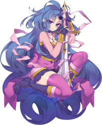 Rule 34 | 1girl, ahoge, black footwear, black gloves, black skirt, blue hair, boots, closed mouth, commentary, deathalice, fingerless gloves, flat chest, from side, full body, gloves, hair between eyes, head tilt, high heel boots, high heels, highres, holding, holding sword, holding weapon, jewelry, knee boots, light smile, long hair, long sleeves, looking at viewer, on one knee, original, pendant, pink thighhighs, pleated skirt, purple eyes, simple background, skirt, solo, sword, thighhighs, very long hair, weapon, white background