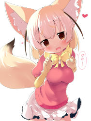 Rule 34 | 10s, 1girl, animal ears, blonde hair, blush, brown eyes, claw pose, cowboy shot, extra ears, fennec (kemono friends), fox ears, fox tail, gloves, heart, highres, kemono friends, looking at viewer, makuran, miniskirt, pink sweater, short-sleeved sweater, short sleeves, simple background, skirt, solo, speech bubble, sweater, tail, white background, white skirt, yellow gloves, yellow neckwear