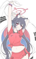 Rule 34 | absurdres, animal ears, black hair, blue archive, cat ears, halo, highres, masabodo, red eyes, red shirt, serika (blue archive), shirt, simple background, south korean flag, t-shirt, twintails, white background
