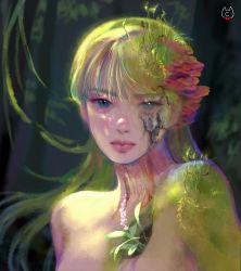 Rule 34 | 1girl, bare shoulders, blue eyes, blunt bangs, blurry, blurry background, closed mouth, conyang 316, eyelashes, facial mark, flower, green hair, grey eyes, hair flower, hair ornament, heterochromia, highres, hole in chest, hole on body, korean commentary, lips, long hair, looking at viewer, mismatched pupils, monster girl, moss, mushroom, nature, original, pink flower, plant, plant hair, portrait, realistic, rotting, solo, straight hair, sunlight, vines
