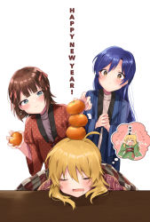 Rule 34 | 3girls, :i, amami haruka, blanket, blonde hair, blue eyes, blue hair, blush, brown eyes, brown hair, closed mouth, commentary request, drooling, english text, closed eyes, food, fruit, furisode, hair between eyes, hair ribbon, happy new year, highres, hoshii miki, idolmaster, idolmaster (classic), japanese clothes, kimono, kisaragi chihaya, mandarin orange, meno (imas ll), multiple girls, new year, notice lines, obi, onigiri, open mouth, outline, outstretched arms, own hands together, pink ribbon, ribbon, saliva, sash, spread arms, stacking, sweatdrop, thought bubble, white background, white outline