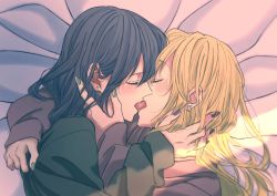 Rule 34 | 2girls, aihara mei, aihara yuzu, black hair, black sweater, blonde hair, citrus (saburouta), closed eyes, ear piercing, fingernails, french kiss, from side, glidesloe, green nails, hand on another&#039;s neck, highres, inseki, kiss, multiple girls, nail polish, open mouth, piercing, purple nails, purple sweater, step-siblings, sunlight, sweater, tongue, tongue out, wife and wife, yuri