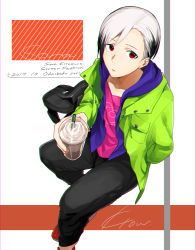 Rule 34 | 10s, 1boy, alternate hairstyle, black hair, dated, from above, hand in pocket, hood, idolmaster, idolmaster side-m, jacket, kitamura sora, kourosakiri, looking at viewer, looking up, male focus, multicolored hair, open clothes, open jacket, parted lips, perspective, red eyes, solo, white hair