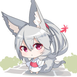 Rule 34 | 1girl, animal ear fluff, animal ears, autumn leaves, barefoot, commentary request, fox ears, fox girl, fox tail, full body, grey hair, highres, japanese clothes, kimono, leaf, long hair, long sleeves, looking at viewer, maple leaf, obi, original, parted lips, ponytail, red eyes, sash, simple background, solo, standing, tail, very long hair, white background, white kimono, wide sleeves, yuuji (yukimimi)