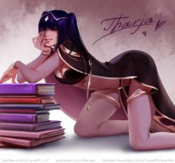 Rule 34 | 1girl, aleriia v, all fours, black hair, blunt bangs, bodystocking, book, book stack, bracelet, cape, character name, circlet, finger to mouth, fire emblem, fire emblem awakening, grin, hand on own chin, head rest, heart, high heels, jewelry, long hair, multicolored hair, nintendo, revealing clothes, simple background, skin tight, smile, solo, streaked hair, tharja (fire emblem), tiara, two side up