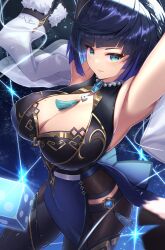 Rule 34 | 1girl, absurdres, armpits, arms up, ass, bead choker, black hair, blunt bangs, breasts, chinese clothes, cleavage, coat, coat on shoulders, commentary request, dice, eiryu33, from above, genshin impact, green eyes, highres, large breasts, long sleeves, looking at viewer, looking up, mole, mole on breast, parted lips, short hair, sidelocks, sleeveless, smile, solo, stretching, string, vision (genshin impact), yelan (genshin impact)