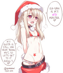 Rule 34 | 1girl, 2016, aoi masami, arms behind back, belt, bikini, blush, christmas, collar, dated, fate/kaleid liner prisma illya, fate (series), flat chest, hard-translated, hat, heart, heart-shaped pupils, heavy breathing, illyasviel von einzbern, long hair, navel, open mouth, red bikini, red eyes, red hat, santa hat, simple background, solo, speech bubble, star tattoo, swimsuit, symbol-shaped pupils, tattoo, third-party edit, translated, twitter username, white background, white hair