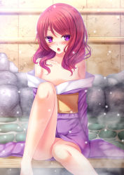 Rule 34 | 10s, 1girl, bad id, bad pixiv id, blush, chestnut mouth, highres, japanese clothes, kimono, long hair, looking at viewer, love live!, love live! school idol festival, love live! school idol project, nishikino maki, no bra, no panties, off shoulder, onsen, open mouth, purple eyes, red hair, sitting, solo, steam, toshi (1-147), water, wet