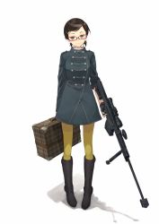 Rule 34 | 1girl, anti-materiel rifle, boots, brown hair, female focus, full body, glasses, green eyes, gun, hair ornament, hairclip, highres, looking at viewer, luggage, maeda risou, military, military uniform, original, pantyhose, pigeon-toed, red-framed eyewear, rifle, shadow, short hair, simple background, smile, sniper rifle, solo, standing, uniform, weapon, white background, yellow eyes, yellow pantyhose