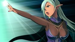 Rule 34 | 1girl, aqua hair, black cape, blue hairband, bodysuit, breasts, brown bodysuit, cape, dark-skinned female, dark elf, dark skin, denetia (guild master), elf, floating hair, game cg, guild master (game), hairband, large breasts, long hair, m&amp;m, nail polish, official art, open mouth, outstretched arm, pointy ears, purple nails, solo, upper body, very long hair, yellow eyes