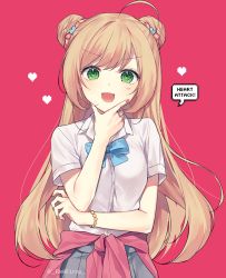 Rule 34 | 1girl, :d, ahoge, blonde hair, blue bow, blue bowtie, bow, bowtie, clothes around waist, collared shirt, commentary request, double bun, dress shirt, green eyes, grey skirt, hair bow, hair bun, hair ornament, hand on own chin, heart, heart hair ornament, idolmaster, idolmaster cinderella girls, jewelry, long hair, looking at viewer, nail polish, open mouth, pink background, pink bow, pink nails, ring, sato shin, shirt, short sleeves, silltare, simple background, skirt, smile, solo, speech bubble, straight hair, stroking own chin, twitter username, v-shaped eyebrows, v arms, very long hair, white shirt, wing collar, wristband