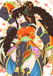 Rule 34 | 1girl, :d, braid, breasts, brown hair, detached sleeves, front braid, green eyes, guan yinping (p&amp;d), hair between eyes, hair bobbles, hair ornament, halberd, henry bird 9, holding, holding weapon, impossible clothes, knee up, leaf, leaf background, long hair, looking at viewer, open mouth, pelvic curtain, polearm, puzzle &amp; dragons, sidelocks, smile, solo, thighhighs, twin braids, very long hair, weapon