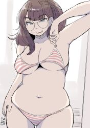 Rule 34 | 1girl, absurdres, arm up, bikini, breasts, brown hair, cleavage, glasses, green eyes, hadashi no kenji, hand on own hip, highres, indoors, large breasts, long hair, looking at viewer, navel, original, pink bikini, plump, smile, solo, standing, striped bikini, striped clothes, swimsuit