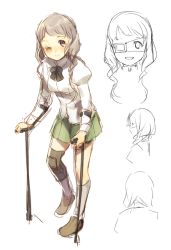 Rule 34 | 10s, 1girl, ;), armor, blush, brown footwear, character request, character sheet, concept art, extra, eyepatch, female focus, green skirt, grey hair, japanese armor, katawa shoujo, knee pads, loafers, long sleeves, looking at viewer, multiple views, one-eyed, one eye closed, one eye covered, partially colored, pleated skirt, profile, purple eyes, ribbon, school uniform, shirt, shoes, shoulder armor, simple background, sketch, skirt, smile, sode, walking, cane, weee (raemz), white background, white legwear, white shirt