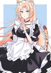 Rule 34 | 1girl, absurdres, alternate costume, animal ears, apron, arknights, bell, black choker, black dress, blonde hair, blue background, border, breasts, choker, cleavage, cowboy shot, dress, enmaided, frilled apron, frills, green eyes, hand up, highres, long hair, looking at viewer, maid, multicolored hair, neck bell, outside border, parted lips, puffy short sleeves, puffy sleeves, red hair, short sleeves, solo, standing, streaked hair, swire (arknights), tail, tiger ears, tiger tail, very long hair, waist apron, white apron, white border, wrist cuffs, xuanyu shixianyula