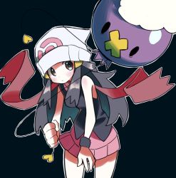 Rule 34 | :|, arm grab, beanie, black shirt, black wristband, blue background, blush, breasts, closed mouth, colored skin, cowboy shot, creatures (company), dawn (pokemon), drifloon, game freak, gen 4 pokemon, hair ornament, hat, highres, holding person, hyou (hyouga617), layered clothes, long hair, looking at another, nintendo, outline, pink skirt, pokemon, pokemon (creature), pokemon dppt, purple skin, red scarf, scarf, shirt, simple background, skirt, sleeveless, sleeveless shirt, solid oval eyes, very long hair, white headwear, white outline, wristband