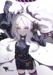 Rule 34 | 1girl, ahoge, black gloves, blue archive, closed mouth, cowboy shot, gloves, hair ornament, hairclip, halo, highres, hina (blue archive), horns, jacket, jacket on shoulders, kimblee, long hair, long sleeves, looking at viewer, parted bangs, purple eyes, purple thighhighs, silver hair, simple background, solo, standing, thighhighs