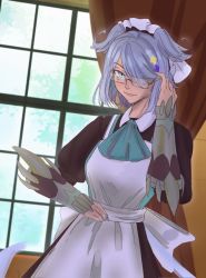 Rule 34 | 1girl, apron, bee (flakesnpie), black dress, blue eyes, blue hair, cosplay, curtains, dragonmaid (yu-gi-oh!), dress, elira pendora, glasses, hair over one eye, hand on own hip, hand on own head, highres, house dragonmaid, house dragonmaid (cosplay), juliet sleeves, long sleeves, looking down, maid, maid apron, maid headdress, nijisanji, nijisanji en, puffy sleeves, smile, solo, trait connection, virtual youtuber, window, yu-gi-oh!
