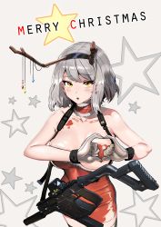 Rule 34 | 1girl, absurdres, antlers, bad id, bad twitter id, black thighhighs, blush, body writing, breasts, character name, choker, cleavage, closed mouth, collarbone, fake antlers, female focus, fur-trimmed choker, fur-trimmed tube top, fur trim, girls&#039; frontline, gloves, grey hair, gun, hairband, heart, heart hands, heart pasties, highres, horns, ihobus, kriss vector, looking at viewer, medium breasts, one breast out, open mouth, pasties, red tube top, short hair, solo, strapless, submachine gun, thighhighs, tube top, vector (girls&#039; frontline), weapon, yellow eyes