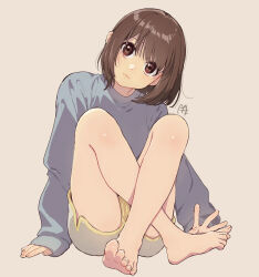 1girl bare_legs barefoot brown_eyes brown_hair closed_mouth feet full_body highres kawai_makoto long_sleeves looking_at_viewer original short_hair shorts signature simple_background sitting sleeves_past_wrists solo