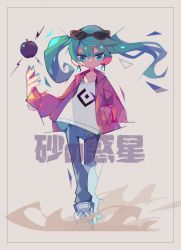 Rule 34 | 1girl, amakusa (hidorozoa), blue nails, blue pants, brown jacket, closed mouth, earrings, eyewear on head, floating hair, green eyes, green hair, grey background, hand up, hatsune miku, jacket, jewelry, long hair, long sleeves, looking at viewer, nail polish, pants, sand, shirt, shoes, solo, standing, suna no wakusei (vocaloid), sunglasses, twintails, vocaloid, white shirt
