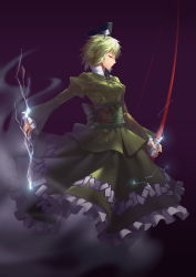 Rule 34 | 1girl, arrow (projectile), black hat, bow (weapon), breasts, closed eyes, closed mouth, commentary request, dress, electricity, floral print, frilled dress, frilled sleeves, frills, from side, ghost tail, gradient background, green dress, green hair, hat, highres, holding, holding bow (weapon), holding weapon, juliet sleeves, langlang, layered dress, long sleeves, obi, puffy sleeves, purple background, sash, short hair, small breasts, soga no tojiko, solo, tate eboshi, touhou, weapon