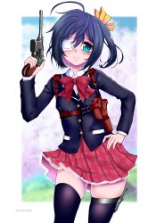 Rule 34 | 1girl, absurdres, ahoge, artist name, black thighhighs, blue eyes, blurry, blurry background, blush, chuunibyou demo koi ga shitai!, collared shirt, commentary request, eyepatch, frills, gun, hair between eyes, hair ribbon, highres, holding, holding gun, holding weapon, holster, jacket, knife, long sleeves, looking at viewer, multicolored hair, necrotenshi, one side up, outside border, pink skirt, pleated skirt, purple hair, purple jacket, red neckwear, ribbon, school uniform, shirt, short hair, skirt, smile, solo, takanashi rikka, thighhighs, two-tone hair, weapon, white shirt, yellow ribbon