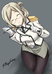 Rule 34 | 10s, 1girl, black pantyhose, breasts, buttons, closed eyes, double-breasted, dress shirt, epaulettes, female focus, fuuma nagi, glasses, gloves, grey background, kantai collection, katori (kancolle), large breasts, light brown hair, long hair, looking at viewer, military, military uniform, miniskirt, necktie, pantyhose, riding crop, shirt, short hair, simple background, skirt, smile, solo, uniform, white gloves, white shirt