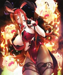 Rule 34 | 00s, 1girl, animal ears, astaroth (taimanin asagi), bare shoulders, breasts, cleavage, curvy, detached collar, fake animal ears, female focus, fire, highres, huge breasts, leotard, long hair, looking at viewer, magic, naughty face, nipples, no bra, playboy bunny, potion (moudamepo), rabbit, rabbit ears, rabbit tail, red hair, shiny skin, smile, solo, tail, taimanin (series), taimanin asagi, taimanin asagi kessen arena, tattoo, yellow eyes