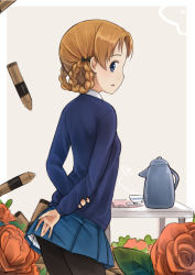 Rule 34 | 10s, 1girl, ammunition, arms behind back, back, bad id, bad pixiv id, black pantyhose, blue eyes, blue skirt, blush, braid, brown eyes, brown hair, crayon, cup, flower, from behind, girls und panzer, long sleeves, looking at viewer, looking back, miniskirt, necktie, orange hair, orange pekoe (girls und panzer), pantyhose, pleated skirt, school uniform, shell (projectile), shirt, short hair, skirt, smile, solo, standing, sweater, table, teacup, teapot, twin braids, umasanjin, white shirt