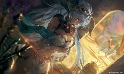 Rule 34 | 2girls, black nails, blue hair, blurry, blurry foreground, bra, breast hold, breasts, cleavage, closed mouth, company name, copyright name, dark-skinned female, dark skin, detached sleeves, dragon, dutch angle, fang, fediel (granblue fantasy), glint, granblue fantasy, grey hair, hand to own mouth, horns, large breasts, loincloth, long hair, lyria (granblue fantasy), market stall, multiple girls, nail polish, navel, official art, pelvic curtain, shadow, shrug (clothing), smile, solo focus, strapless, strapless bra, underwear, vase, very long hair, vyrn (granblue fantasy)