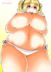Rule 34 | 1girl, blonde hair, blush, breasts, headphones, huge breasts, open mouth, orange eyes, plump, smile, solo, super pochaco, swimsuit, tanufude, thick thighs, thighs, twintails, underboob