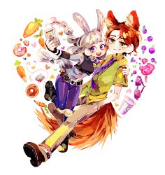 Rule 34 | 1boy, 1girl, animal ear fluff, animal ears, beige pants, belt, berry, braid, brown footwear, carrot, cellphone, closed mouth, coffee cup, collared shirt, cup, digital media player, disposable cup, doughnut, earbuds, earphones, food, fox boy, fox ears, fox tail, green eyes, green shirt, grey hair, hand in pocket, hand on another&#039;s arm, heart, holding, holding phone, humanization, judy hopps, knee pads, necktie, nick wilde, open mouth, phone, police, police uniform, policewoman, purple eyes, rabbit ears, rabbit girl, rabbit tail, red hair, selfie, seriko (seo77000), shirt, smartphone, smile, striped necktie, sunglasses, symbol-only commentary, tail, taking picture, teeth, uniform, untucked shirt, upper teeth only, utility belt, zootopia