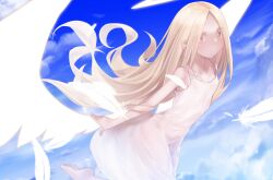 Rule 34 | 1girl, absurdres, angel notes, angel wings, bare shoulders, blonde hair, blue sky, blush, breasts, dress, forehead, halo, highres, long hair, looking at viewer, parted bangs, sky, small breasts, solo, type-moon, v/v, white dress, wings, yellow eyes, yubeshi (zecxl)