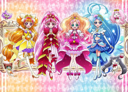 Rule 34 | 4girls, :d, akagi towa, amanogawa kirara, aroma (go! princess precure), blue hair, boots, bow, cokata, cure flora, cure mermaid, cure scarlet, cure twinkle, earrings, gloves, go! princess precure, hand on own hip, haruno haruka, interlocked fingers, jewelry, kaidou minami, kuroro (go! princess precure), long hair, looking at viewer, magical girl, midriff, miss siamour, multicolored hair, multiple girls, navel, open mouth, orange hair, outstretched arms, pink eyes, pink hair, precure, puff (go! princess precure), purple eyes, skirt, smile, tiara, twintails, very long hair, waist bow, wand, wavy hair