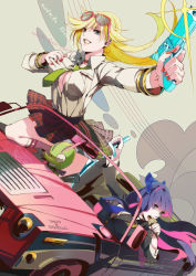 Rule 34 | 10s, 2girls, bad id, bad pixiv id, blonde hair, blue eyes, breasts, car, chuck (psg), cleavage, gun, handgun, long hair, motor vehicle, multicolored hair, multiple girls, oba-min, open clothes, open shirt, panty &amp; stocking with garterbelt, panty (psg), revolver, see-through (psg), shirt, siblings, sisters, stocking (psg), sunglasses, two-tone hair, vehicle, weapon