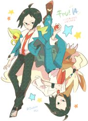 Rule 34 | 1boy, ahoge, black hair, cheren (pokemon), closed mouth, collared shirt, commentary request, creatures (company), game freak, gen 5 pokemon, glasses, hand up, highres, holding, holding poke ball, jacket, male focus, misha (ohds101), necktie, nintendo, open clothes, open jacket, pants, poke ball, poke ball (basic), pokemon, pokemon (creature), pokemon bw, pokemon bw2, shirt, shoes, short hair, snivy, star (symbol), stoutland, translation request, white background, white shirt