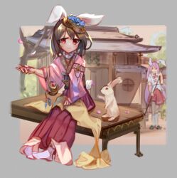 Rule 34 | 2girls, alternate costume, animal ears, architecture, bench, blue flower, blue sash, broom, brown hair, closed mouth, commentary, crown, east asian architecture, english commentary, falling petals, flat chest, flower, full body, highres, holding, holding broom, inaba tewi, japanese clothes, kimono, long hair, looking at viewer, medium bangs, multiple girls, obi, pagoda, petals, pink kimono, pink skirt, purple hair, rabbit, rabbit ears, rabbit girl, rabbit tail, red eyes, reisen udongein inaba, sash, shirt, short hair, sitting, skirt, smile, socks, solo focus, standing, sweeping, tabi, tail, tlobtr, touhou, very long hair, white shirt, white socks, wide sleeves