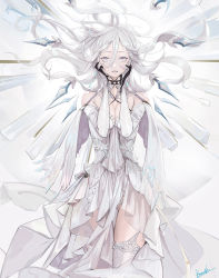 Rule 34 | 1girl, bamuth, breasts, cape, capelet, cleavage, dress, floating, floating object, gloves, hair between eyes, highres, looking at viewer, mole, mole under eye, original, panties, pink eyes, solo, underwear, white capelet, white dress, white hair, white legwear, white panties