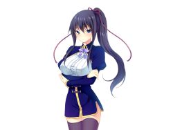 Rule 34 | 1girl, ayase hazuki, black hair, blue eyes, blue jacket, blue skirt, blush, bow, bowtie, breasts, crossed arms, embarrassed, game cg, grand cru bourgeois, hair ribbon, jacket, large breasts, long hair, long sleeves, looking at viewer, nukidoki!, open clothes, open jacket, ponytail, puffy sleeves, purple bow, purple bowtie, ribbon, sakurano kiri, shirt, skirt, source request, standing, transparent background, white shirt