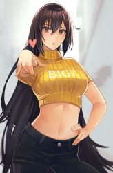 Rule 34 | 1girl, :o, alternate costume, black hair, black pants, blurry, blurry background, breasts, brown hair, clothes writing, cropped sweater, denim, english text, hair between eyes, hand on own hip, heart, highres, jeans, kantai collection, kasumi (skchkko), large breasts, long hair, looking at viewer, midriff, nagato (kancolle), navel, open mouth, outstretched arm, pants, pointing, pointing at viewer, short sleeves, simple background, solo, sweater, turtleneck, turtleneck sweater, yellow sweater