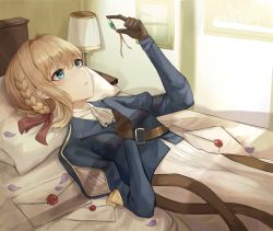 Rule 34 | 1girl, bad id, bad pixiv id, bed, blouse, blue eyes, bow, braid, brown gloves, curtains, drawing (object), dress, envelope, eyebrows hidden by hair, gloves, hair between eyes, holding, holding jewelry, jewelry, kyo (maae00), lamp, letter, long hair, looking up, lying, open mouth, petals, pillow, shirt, solo, violet evergarden, violet evergarden (series)