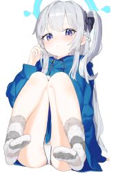 Rule 34 | 1girl, ass, blue archive, blue halo, blue hoodie, blush, braid, closed mouth, commentary request, grey hair, halo, highres, hood, hoodie, idemitsu, knees together feet apart, knees up, legs, long hair, long sleeves, looking at viewer, miyako (blue archive), miyako (young) (blue archive), no shoes, official alternate costume, one side up, panties, purple eyes, socks, soles, solo, striped clothes, striped socks, underwear, white panties