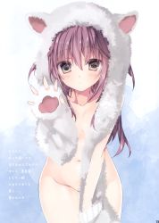 Rule 34 | 1girl, :&lt;, absurdres, animal ears, blush, breasts, brown hair, closed mouth, collarbone, convenient censoring, fake animal ears, fingernails, gluteal fold, grey eyes, groin, hair between eyes, hand up, heart, heart-shaped pupils, highres, inugami kira, long hair, navel, nude, original, scan, small breasts, solo, symbol-shaped pupils, translation request, very long hair