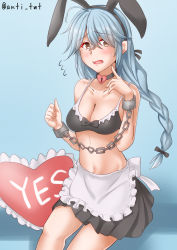 Rule 34 | 1girl, ahoge, alternate costume, anti (untea9), apron, black bra, black choker, black ribbon, black skirt, blue background, bound, bra, braid, breasts, brown eyes, chain, chained, chained wrists, choker, cleavage, collarbone, cuffs, frilled apron, frills, gradient background, grey hair, hair between eyes, hair ribbon, hamanami (kancolle), heart, heart-shaped lock, heart-shaped pillow, highres, kantai collection, long hair, looking at viewer, medium breasts, navel, open mouth, pillow, ribbon, shackles, single braid, sitting, skirt, solo, twitter username, underwear, waist apron, white apron, yes, yes-no pillow