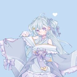 Rule 34 | 1girl, ahoge, amaui, animal on arm, blue background, blue bow, blue hair, blue kimono, blunt bangs, blush, bow, braid, breasts, buranka, commentary request, cowboy shot, crescent, crescent hair ornament, crown braid, frilled kimono, frilled sleeves, frills, hair bow, hair ornament, heart, highres, japanese clothes, kimono, long hair, long sleeves, looking at viewer, medium bangs, multicolored hair, nanashi inc., neck ribbon, obi, off shoulder, open mouth, pink ribbon, purple bow, purple eyes, purple sash, rabbit, ribbon, sash, side braid, simple background, small breasts, solo, two-tone hair, virtual youtuber, white bow, white hair, wide sleeves