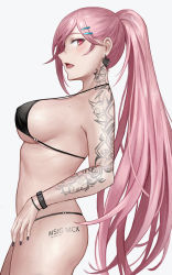 Rule 34 | 1girl, bikini, black bikini, blush, breasts, earrings, from side, girls&#039; frontline, hair ornament, hairclip, halterneck, heart, heart-shaped pupils, highres, jewelry, large breasts, long hair, mole, mole under eye, nail polish, open mouth, pink hair, ponytail, red eyes, selcky, sideboob, sig mcx (girls&#039; frontline), simple background, smile, solo, spade (shape), spade earrings, string bikini, swimsuit, symbol-shaped pupils, tattoo, white background