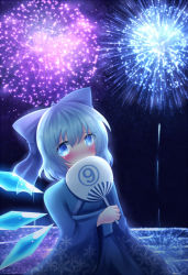 Rule 34 | aqua eyes, blue hair, blush, bow, circled 9, cirno, fireworks, hair between eyes, hair bow, ice, ice wings, looking at viewer, solo, touhou, wings